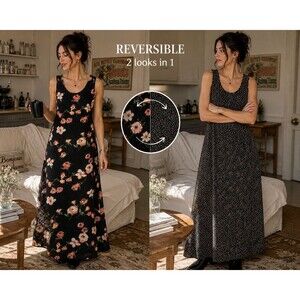 Vtg 90’s Reversible Floral Print Black Sleeveless Summer Dress Women’s Size M/L